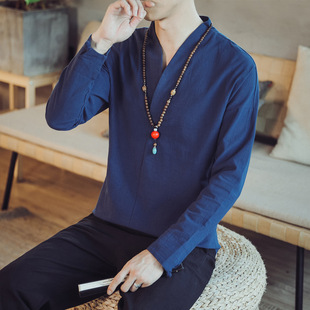 2022 Spring New Chinese Style Cotton and Linen Long Sleeve T-shirt Men's Loose Solid Color Linen Hanfu Men's Top Wholesale