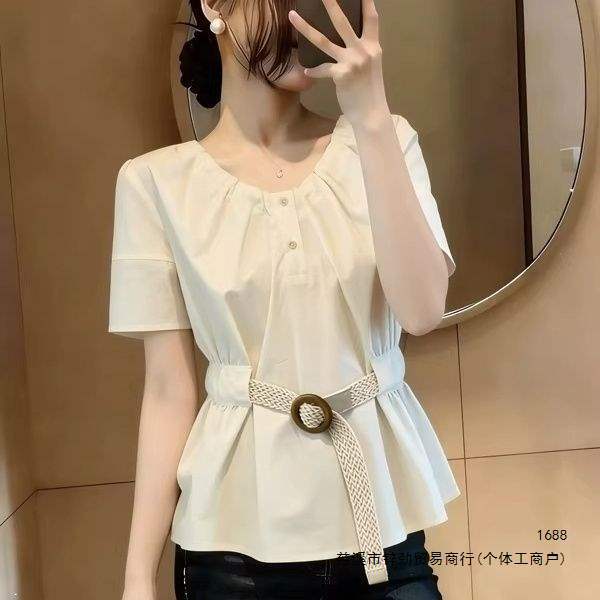 Fashionable round-neck tie-waist short-sleeve shirt for women, summer plus-size top for plus-size girls, Korean-style design, slimming and trendy Fashionable round-neck tie-waist short-sleeve shirt for women, summer plus-size top for plus-size girls, Korean-style design, slimming and trendy