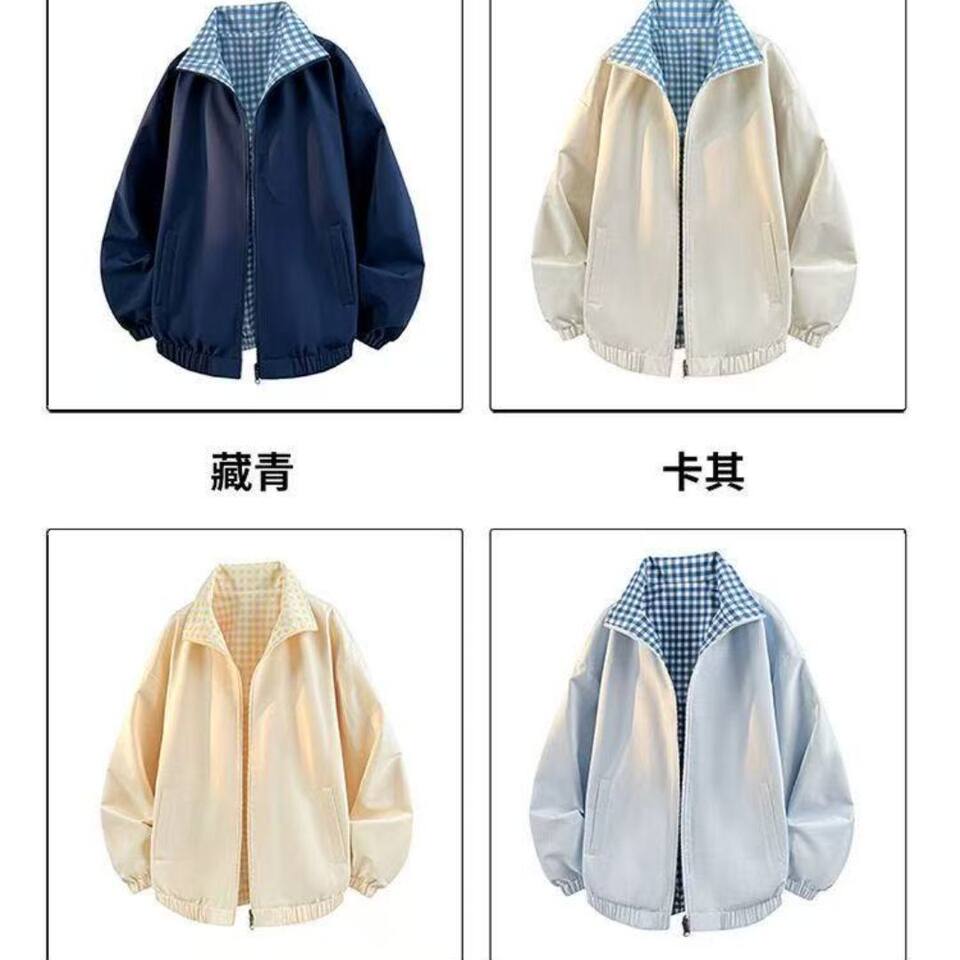 Áo khoác nữ hai mặt mặc được dáng rộng phong cách Hàn Quốc, tay dài cổ ve, dài áo 50–65 cm — Áo khoác kẻ sọc vàng có thể đảo ngược, Áo khoác kẻ sọc xanh có thể đảo ngược chi tiết 7