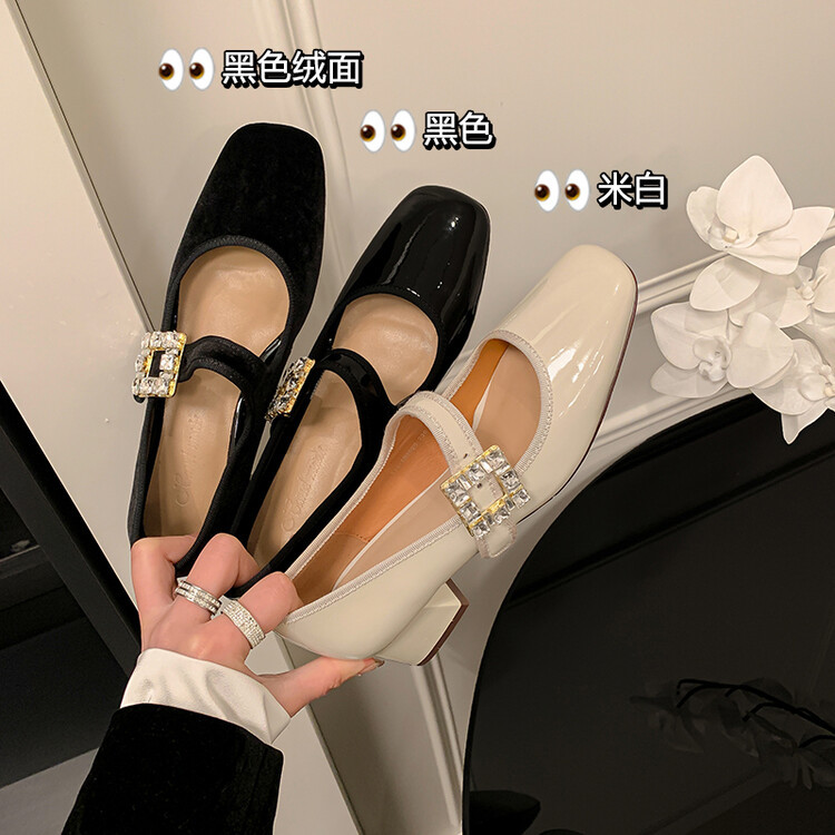 Elegant Mary Jane shoes square toe with rhinestones low-cut