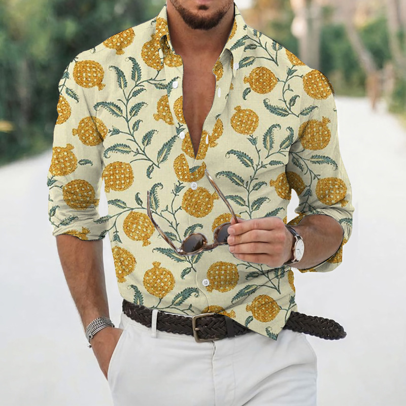 Transfronterizo 2025 primavera y otoño nuevo estilo de los hombres europeos y americanos más el tamaño de la camisa con estampado de plantas de rosas de manga larga