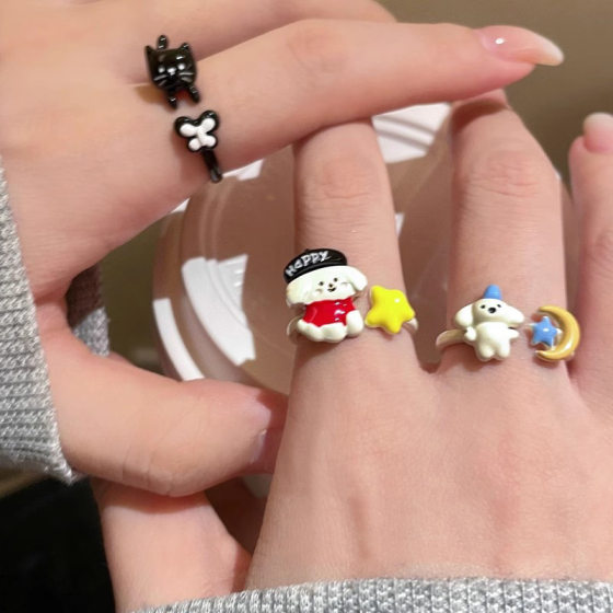 Children's Cute Puppy Glaze Ring Female Niche Design Sense Opening Adjustable Dieting Finger Ring Cartoon Sweet Ring