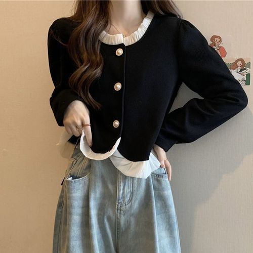 Plus-size Spring/Fall Long-Sleeve Base Top with Lace Paneling and Tummy-Smoothing Design — Perfectly Versatile & Slimming Cardigan for Curvy Women