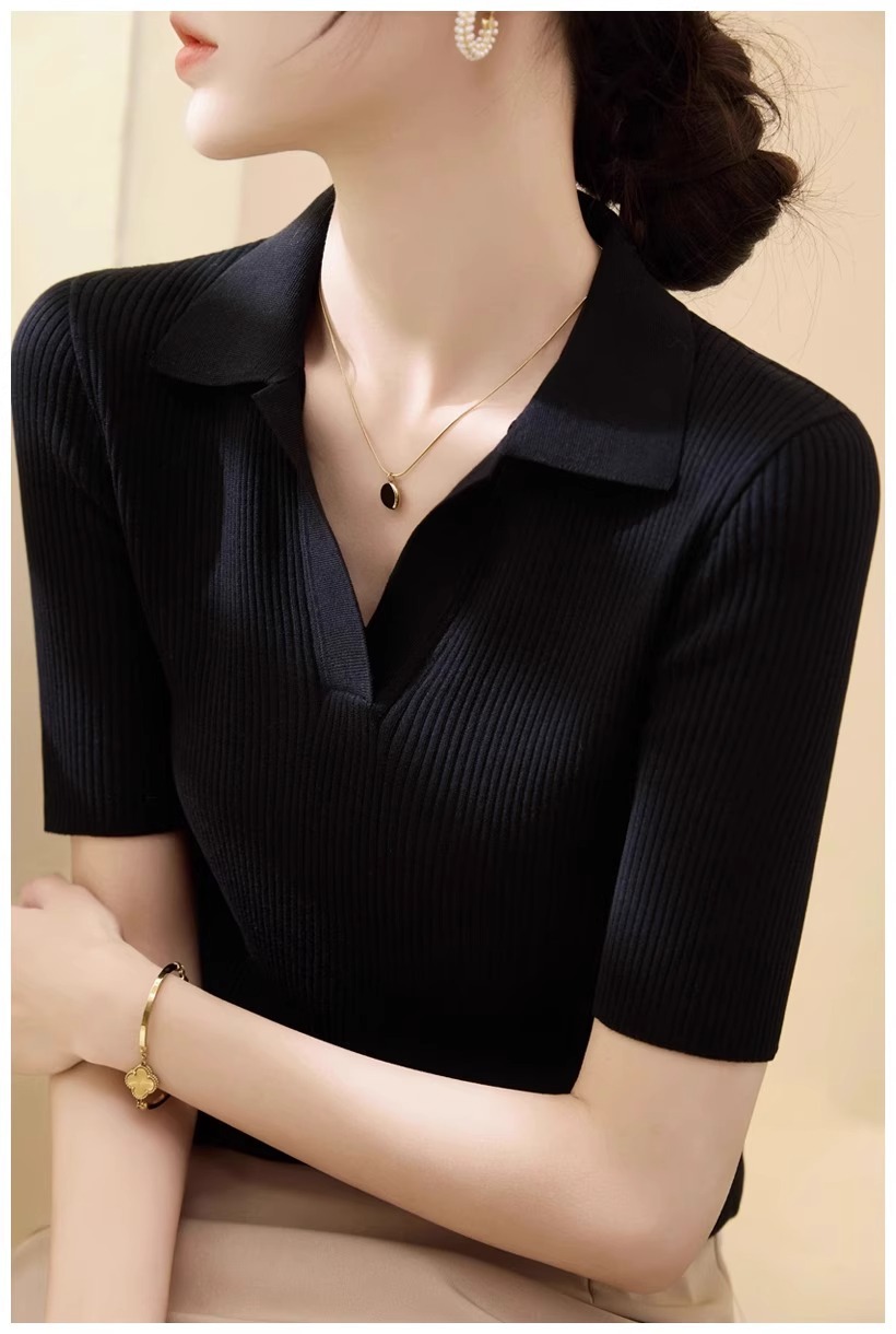 Áo thun dệt kim dáng ôm cổ chữ V nửa hở tay ngắn chất Lyocell Tencel mùa hè — Màu đen chi tiết 7