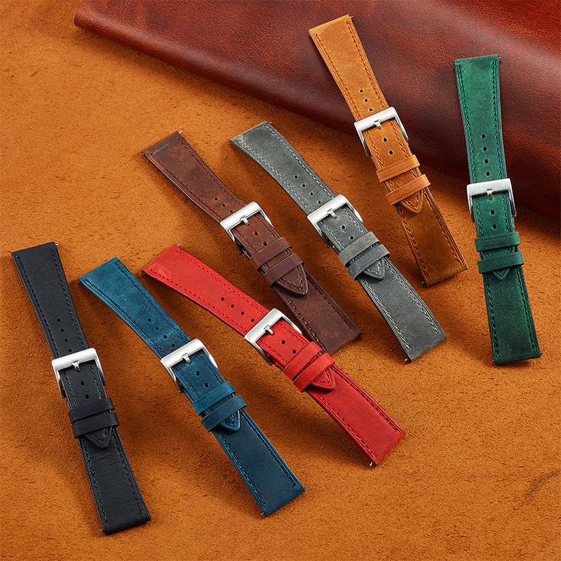 New Crazy Horse Leather Leather Strap Universal Soft Quick-release Retro Strap Frosted Cowhide 18-24mm in stock