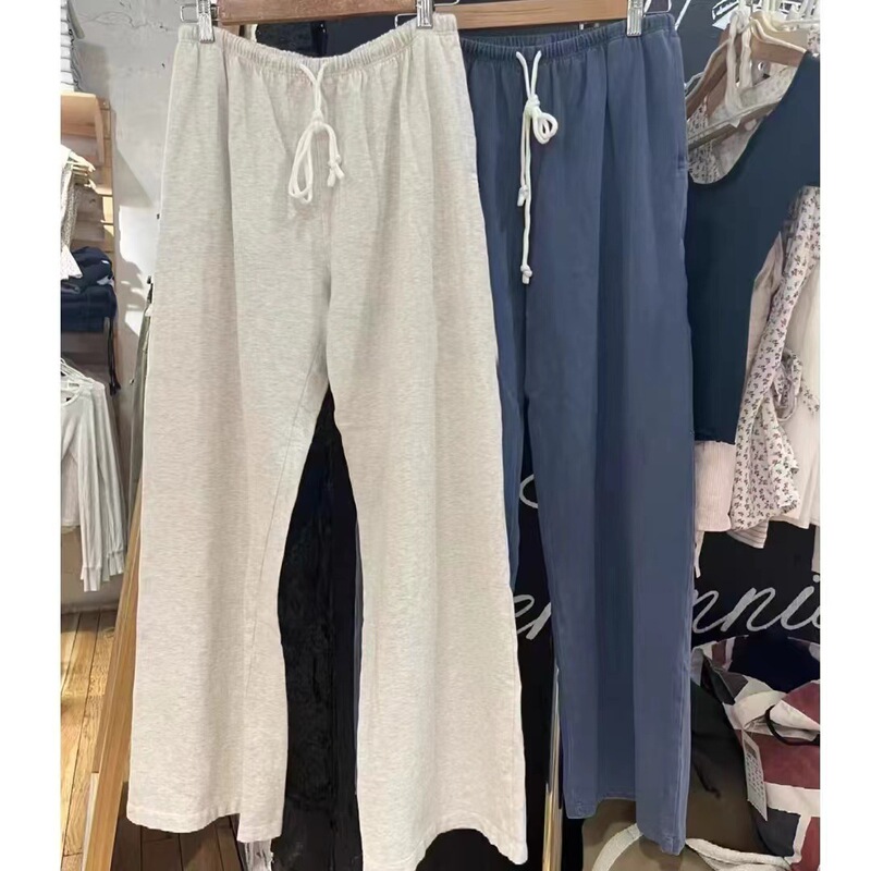 Bm Style Sports Elastic Waist Tie Loose Cotton Wide Leg Pants for Women Bm Relaxed Rose Same Style Straight Casual Pants