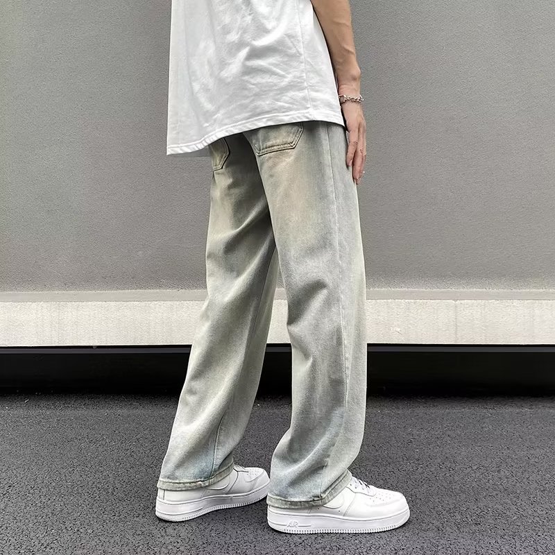 Vaqueros americanos, pantalones teñidos de barro amarillo de seda de hielo viejos lavados de verano para hombres, pantalones rectos sueltos de la marca de moda de la calle principal