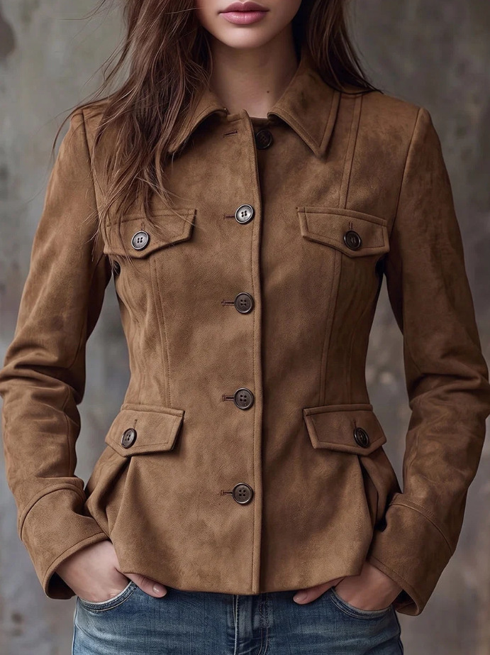 Cross-border European and American independent brand women's retro suede multi-pocket lapel shirt brown short jacket