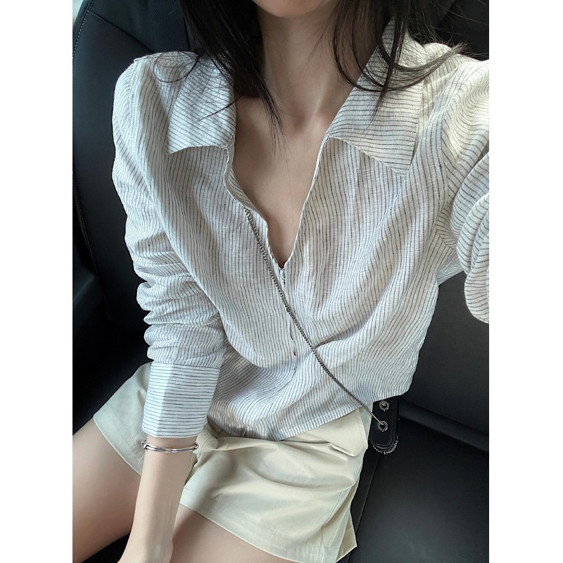 纯棉拉链条纹v翻领衬衫女2025新款爆款夏季宽松衬衣薄款开衫上衣|undefined