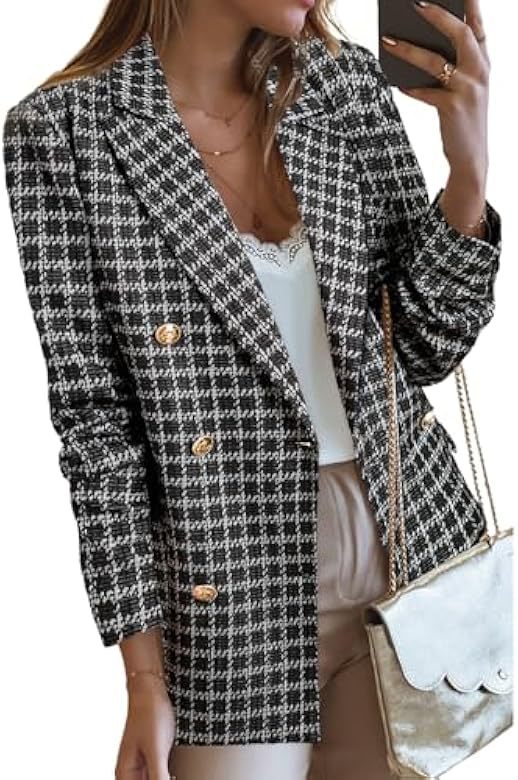 Women's Tweed Blazer Jacket Double Breasted Plaid Workwear_voghion.com