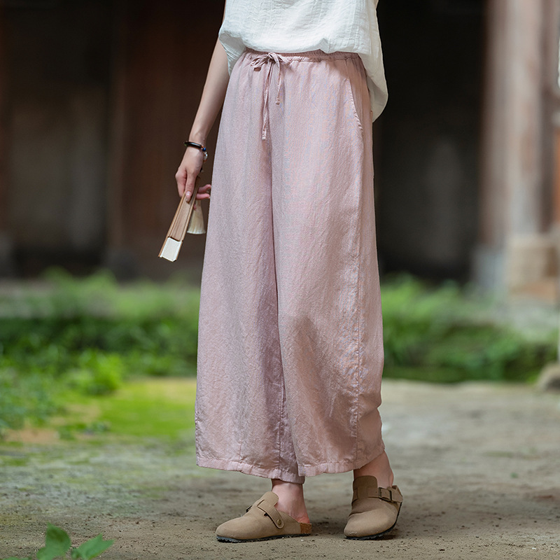 Original New Spring Style Artistic Linen Cropped Balloon Pants for Women, Sand-Washed Cotton-Linen Wide-Leg Pants, Loose Thin Straight-Leg Pants