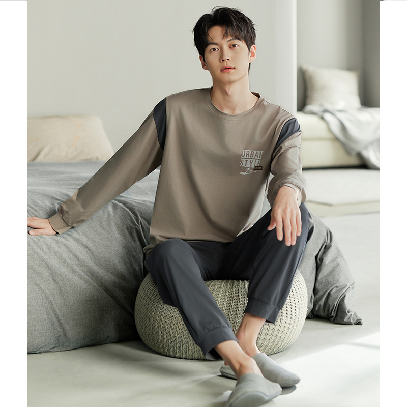 Pajamas Men's Spring and Autum Pure Cotton Long-Sleeved Pants Sports and Leisure Teenagers Can Wear Large Size Home Clothes Set