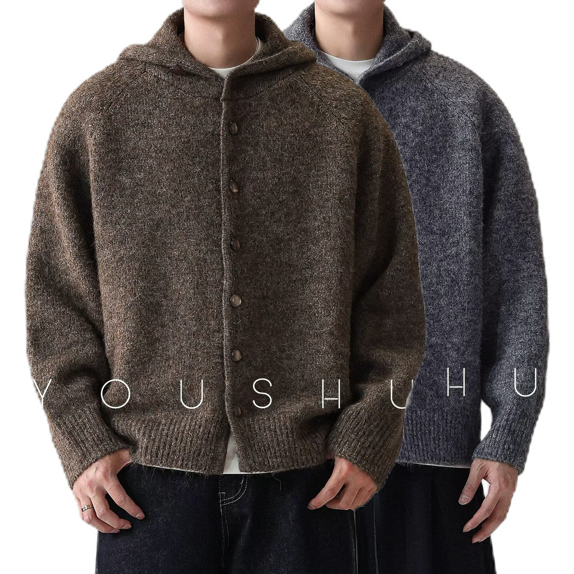 Explosiones transfronterizas de tamaño grande europeo con capuz cardigan chaqueta jersey de punto suéter botón de voleibol hombre suéter otoño invierno fábrica al por mayor