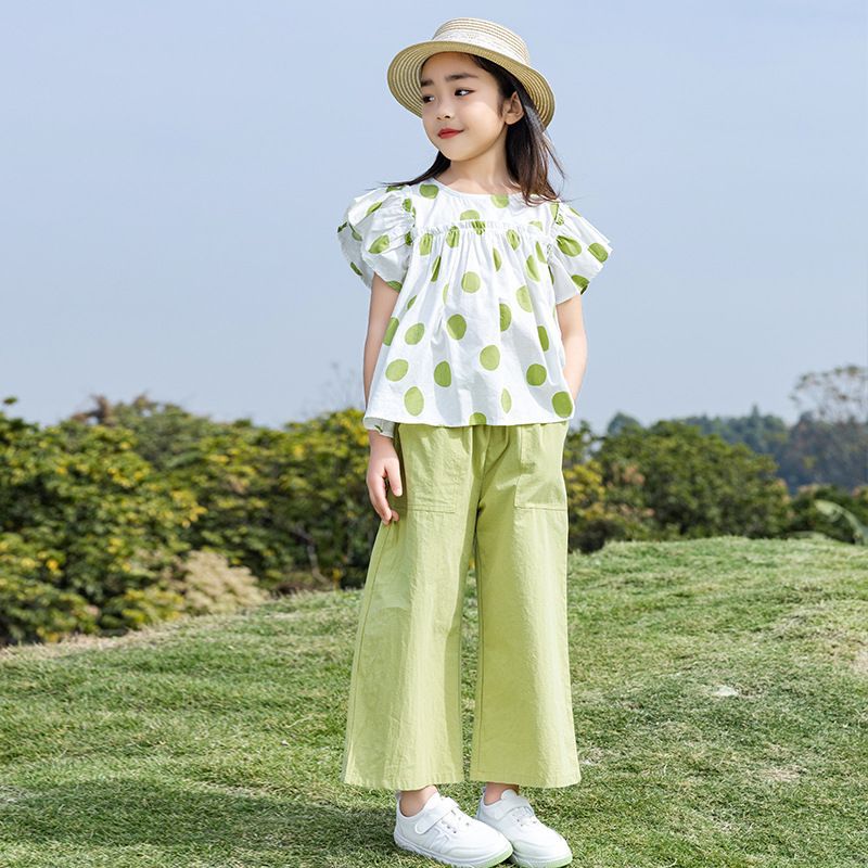 女童套装夏季2024新款韩版中大童两件套圆点娃娃衫+阔腿裤