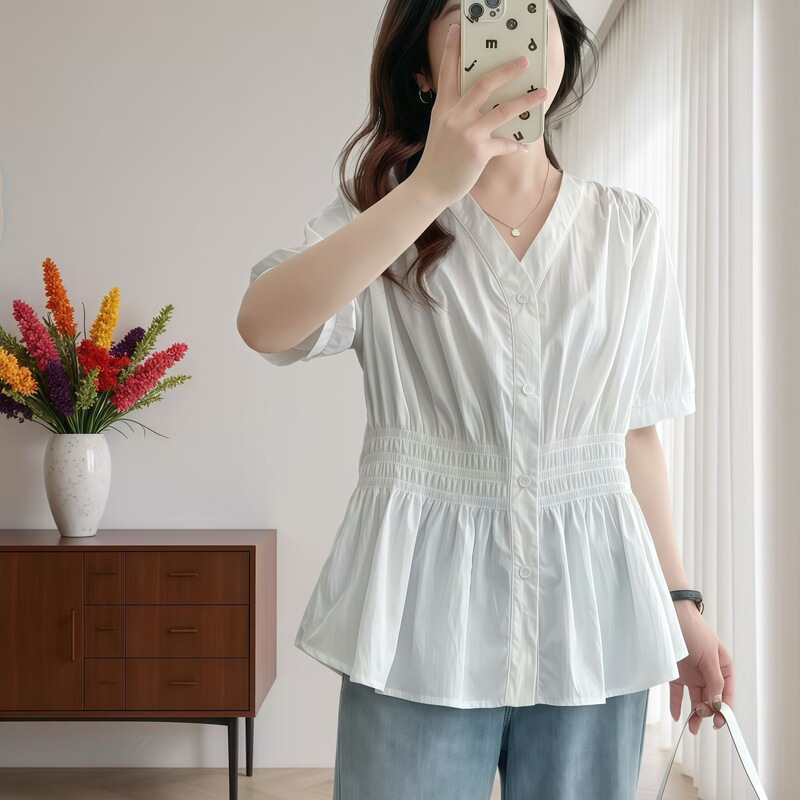 Summer Style Short-Sleeved Shirt, Large Size New Style Shirt, Loose Women's Pleated Casual Top, Waist-Cinching, Solid Color, Slimming