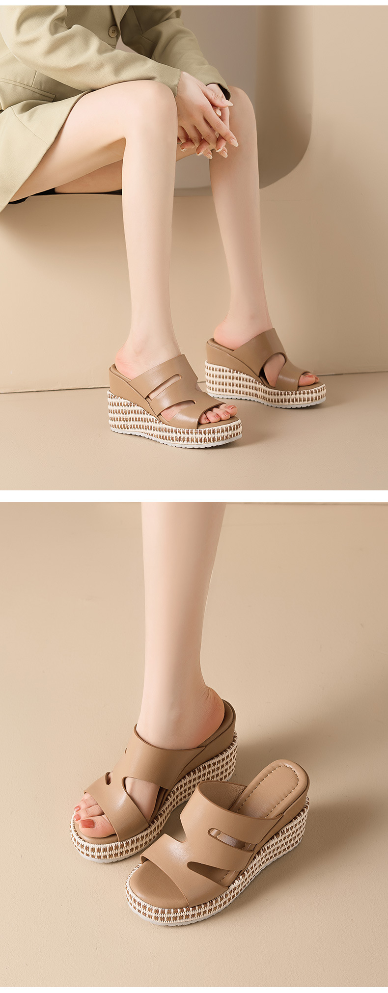 Dép sandal nữ quai chữ V đế xuồng cao gót 5 cm da PU mềm mại — màu đen, màu nâu nhạt, Trắng kem- chi tiết 8