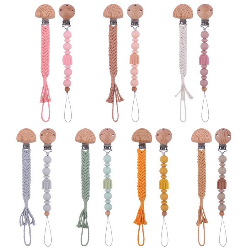 Nuevo bebé suministros de dibujos animados Arco Iris chupete cadena calmante bebé Arco Iris clip hecho a mano tejido anti-gota