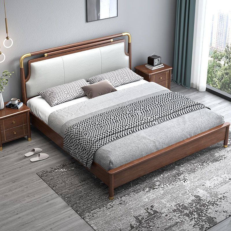 胡桃木实木床1.8米双人床现代主卧软靠真皮床1.5米家用单人床1.2m