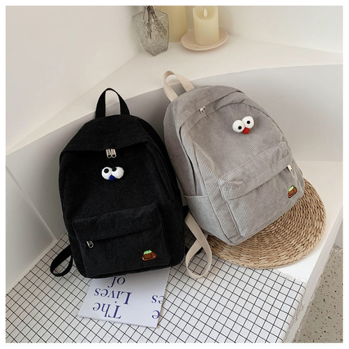 Corduroy backpack for women trendy and versatile Korean version cute fresh campus backpack ins style school bag