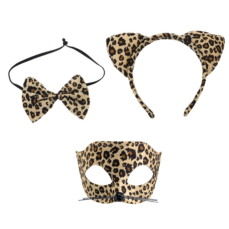 Amazon venta caliente leopardo cabello bandas mitad cara máscara set leopardo cabello bandas corbata maquillaje decoración de fiesta