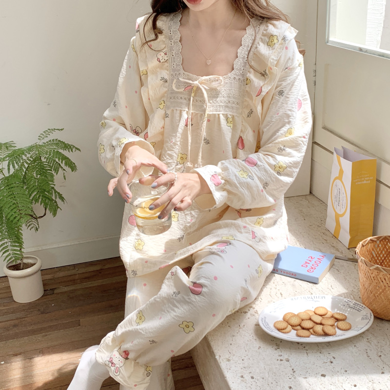Estilo puro deseo otoño e invierno nuevo pijama de las mujeres tejido de algodón fresco manga larga ins estilo dulce encaje desgaste del hogar traje