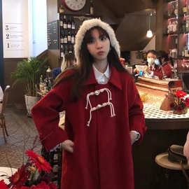 转运啦珍珠扣红色大衣女冬季新款宽松百搭中长款甜美设计感外套潮