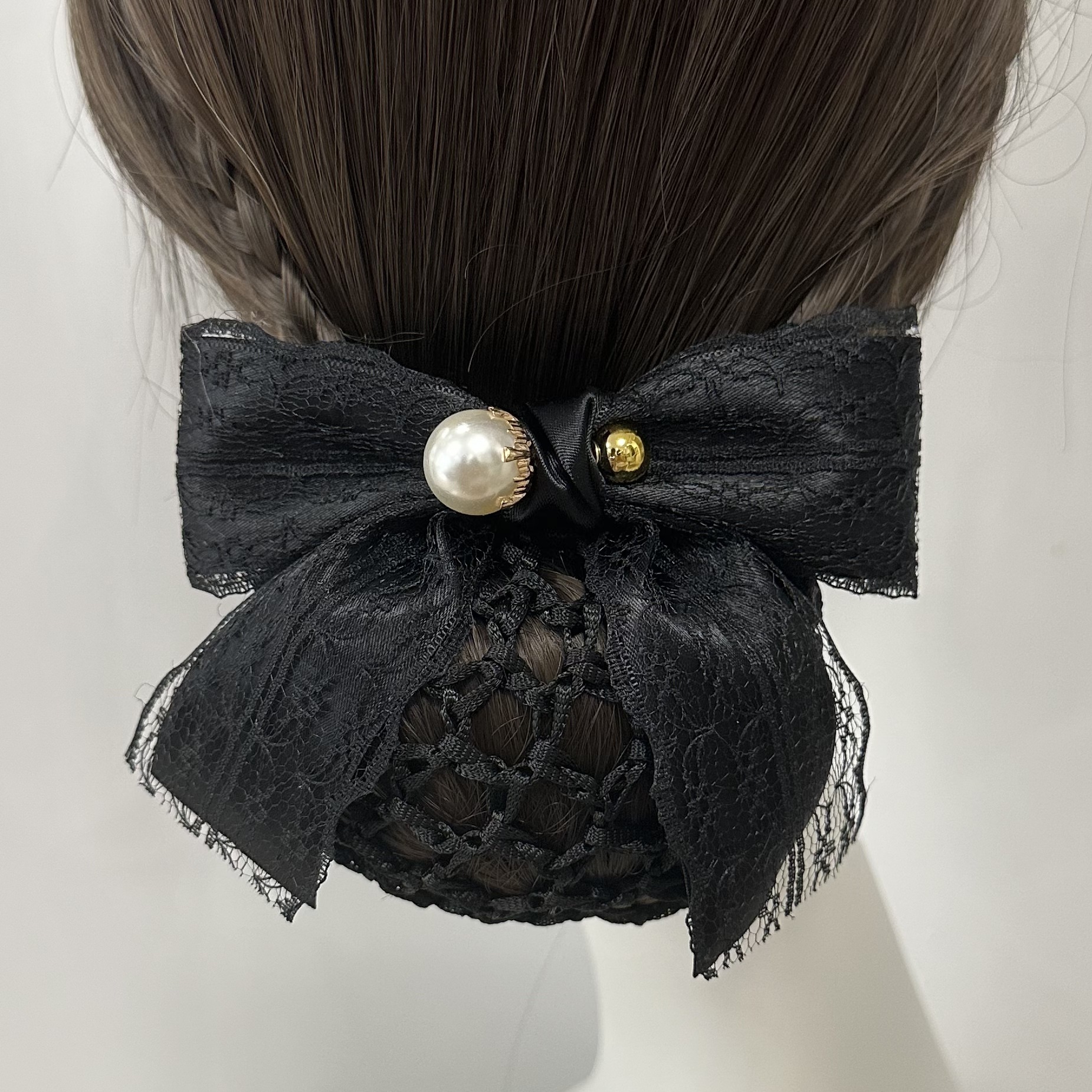Pearl Professional Headband for Women, Bank Nurse Lace Mesh Hair Accessory, Korean Large Bow, High-End Ponytail Top Clip