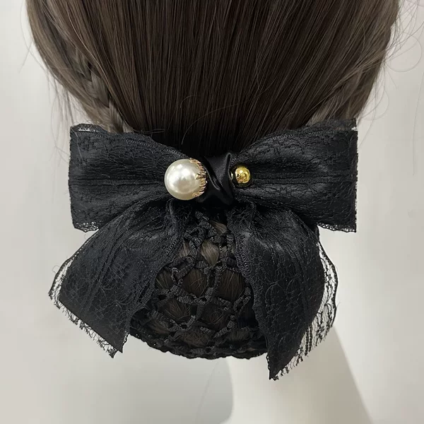 Pearl Professional Headband for Women, Bank Nurse Lace Mesh Hair Accessory, Korean Large Bow, High-End Ponytail Top Clip