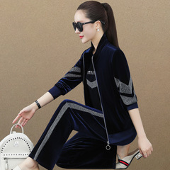 金絲絨運動套裝女士春秋新款寬鬆闊腿褲洋氣開衫衛衣休閒服三件套