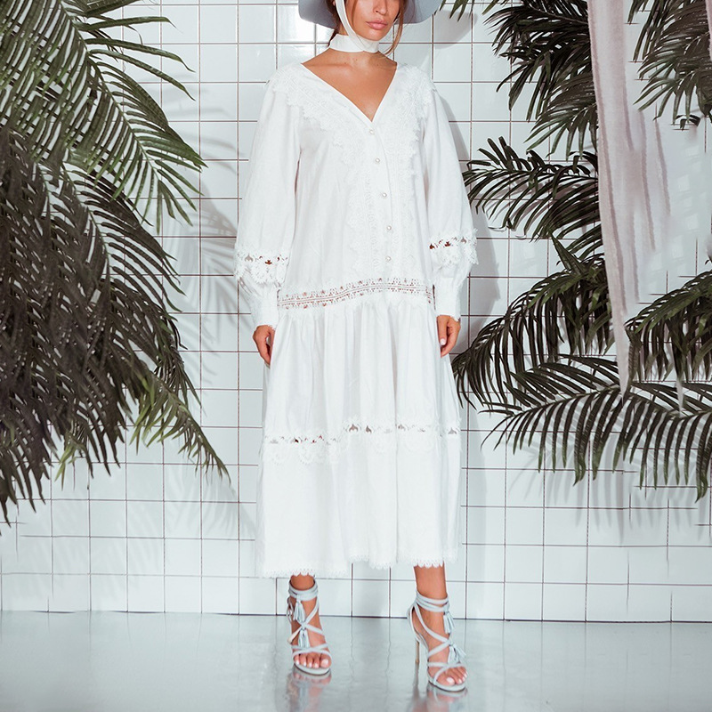 韩系舒适慵懒风休闲宽松长袖连衣裙2025秋季新款镂空修身连衣裙女