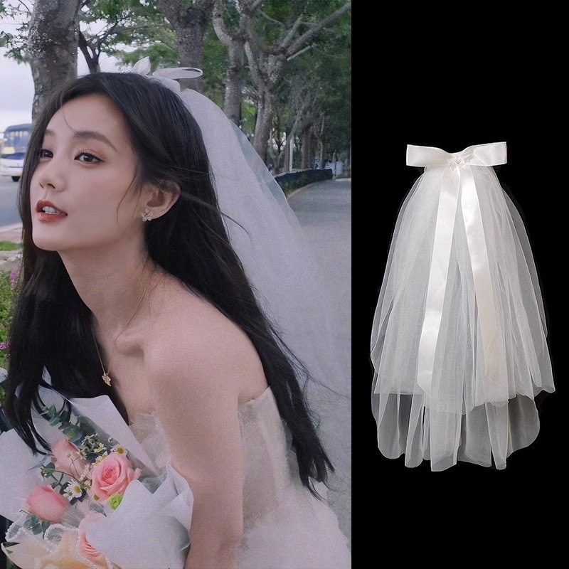 李一桐同款领证登记求婚头纱超仙拍照短款新娘结婚蝴蝶结蓬蓬纱|undefined