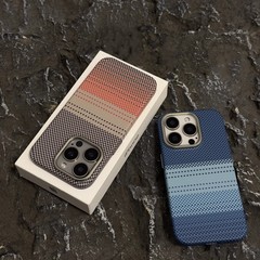 iPhone17ProMax用携帯電話ケース、カーボンファイバーパターン、磁気吸着、夕日と月明かり、Apple16耐衝撃保護カバー