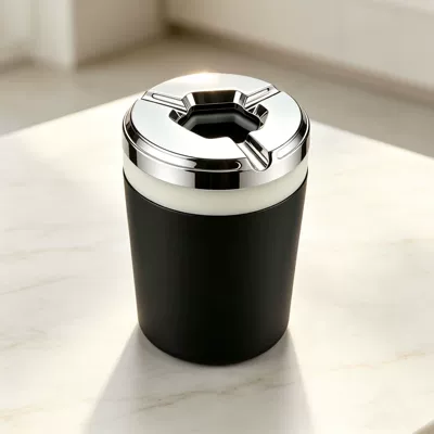 Car-mounted ashtray, anti-ash scattering, high-end feel, in-car ashtray with automatic lid opening, black technology car accessory (Car ashtray) - alloy-inner-liner-white-frame-rotating-lid