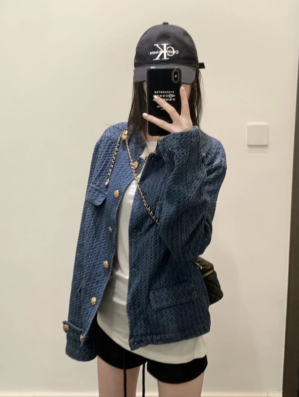 cha香奶奶老钱质感肌理感牛仔短外套女小香风单排扣高级立领夹克|undefined