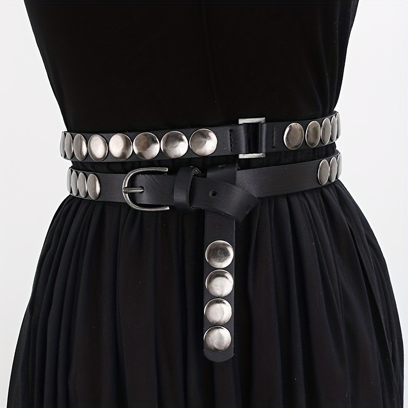 New Y2K rivet punk belt retro genuine leather women's extended double circle thin belt belt_voghion.com