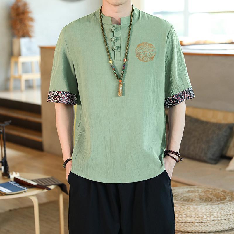 Camiseta de lino de manga corta para hombre Traje Tang de estilo chino Traje de hombre gordo retro de gran tamaño Abrigo de algodón y lino de media manga suelto y delgado