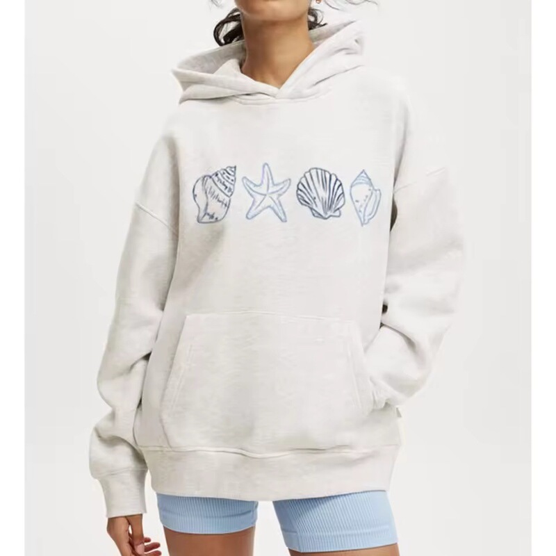 Foreign Trade Women's fleece-lined Sweater Plain Letter Printed Kangaroo Pocket Drawstring Printed Hoodie