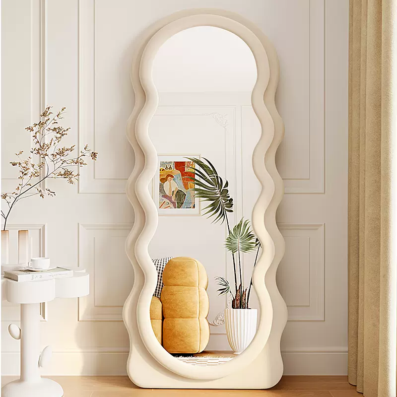 网红波浪全身镜落地镜奶油ins风试衣穿衣镜家用女生卧室异形镜子