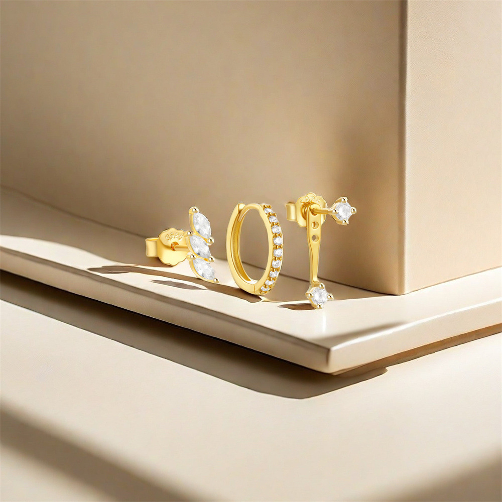 1 Set 925 Sterling Silver Zircon Geometric Earrings Ear Studs display picture 27