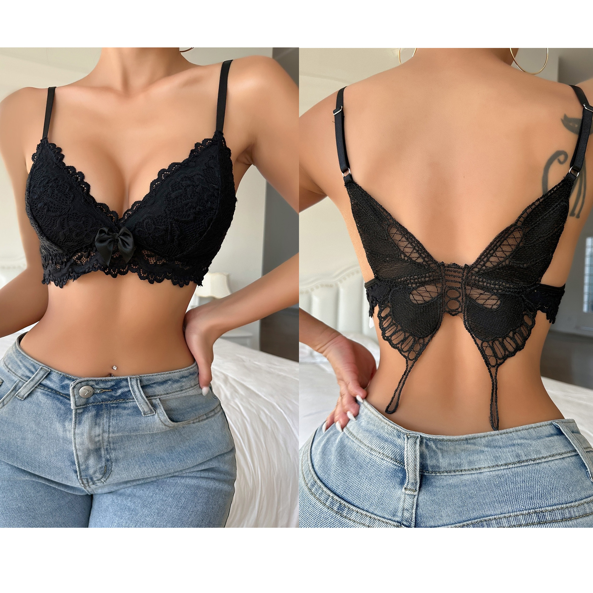 Lingerie for women, Western and Eastern cross-border, sexy strap, butterfly knot backless top, spicy girl, figure-flattering bra, wholesale and dropshipping, code 1859