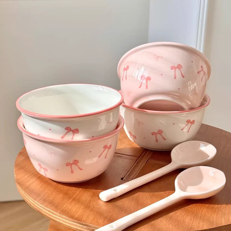 Bowl and Spoon Set with Cream Bowknot Design, Cute and High-Aesthetic Ceramic Tableware for Girls, Suitable for Home Use, Including Rice Bowls and Dessert Bowls