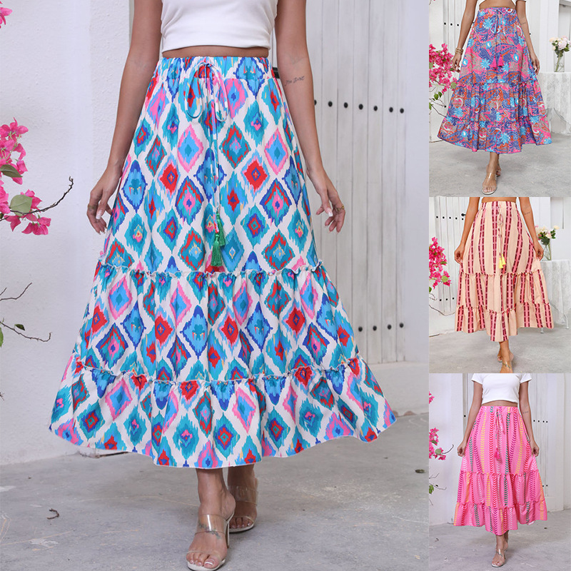 Real Shot Of Cross-border Foreign Trade 2025 Summer New Bohemian Resort Style Printed Flared Skirt For Women_ecoleips.com