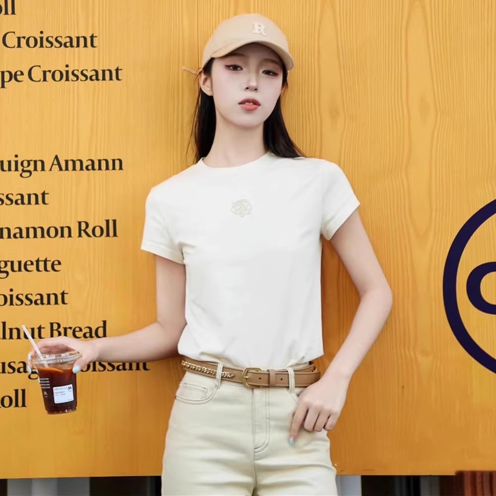 Áo thun nữ cổ tròn cotton thêu hoa hồng tay ngắn — Màu đen ngọt ngào chi tiết 5