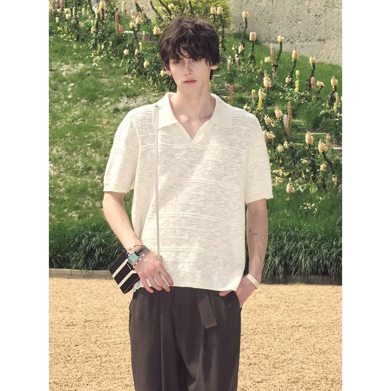 韩版小众镂空针织polo短袖男2025夏季新款宽松潮流休闲体恤衫上衣