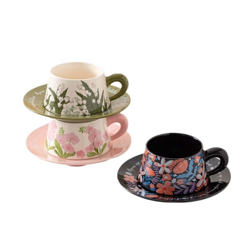 レトロ油絵コーヒーカップ皿セット陶磁器マグカップ小衆カップルカップ蝶コーヒーカップ皿ギフトボックス|undefined