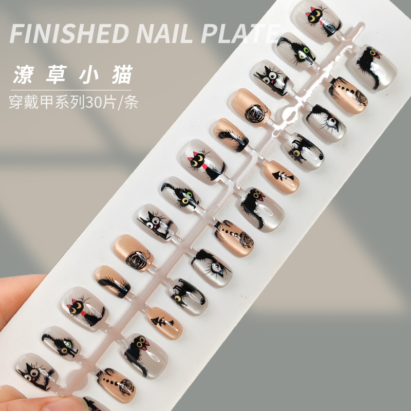 Cute Cartoon Red Bow Fluffy Black Cat Eye Short Sweet Cool Pre-Made Nail Tips Cute Cartoon Red Bow Fluffy Black Cat Eye Short Sweet Cool Pre-Made Nail Tips