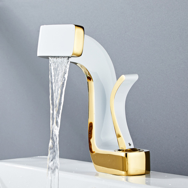 Cross-border waterfall washbasin full copper faucet cold and hot bathroom wide-mouth white and black electroplated bathroom cabinet single hole