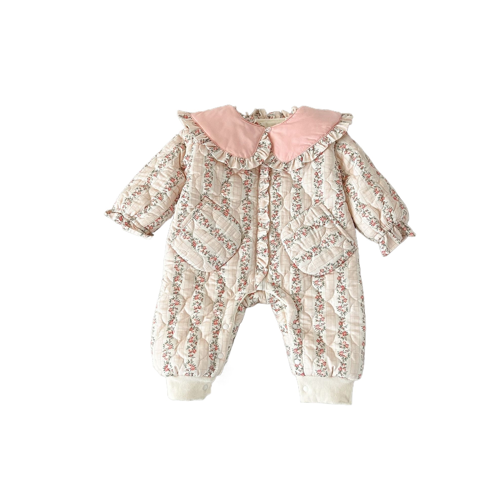 INS solapa floral para niñas acolchado forrado de lana de algodón acolchado mameluco estilo coreano recién nacido cálido engrosado ropa de algodón acolchado conjunto de dos piezas