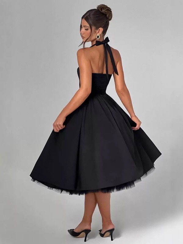 French Halter Neck Backless Dress Sexy Tie Up Midi Skirt Mesh Fabric Women's Clothing New_ecoleips.com