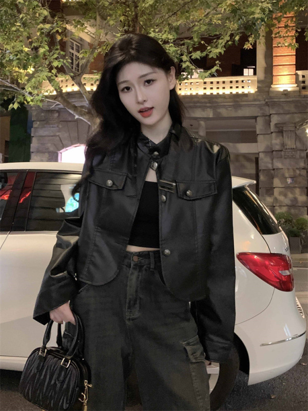 复古港风PU皮衣外套女秋季高街辣妹百搭休闲短款机车服夹克上衣潮|undefined